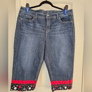 Handmade Red & Black Faux Cuff Capri Jeans, Plus Size 18W